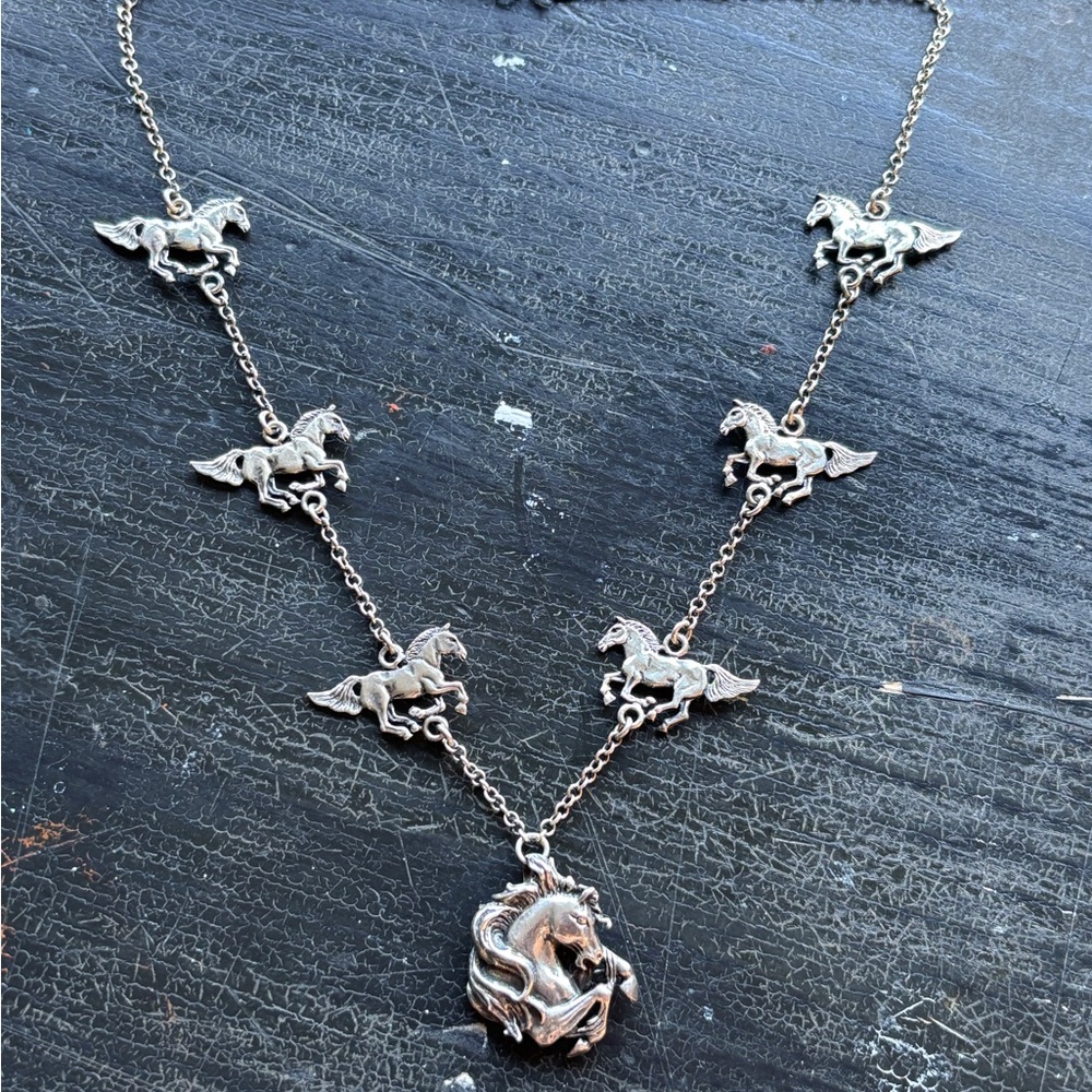 vintage sterling silver running horses necklace